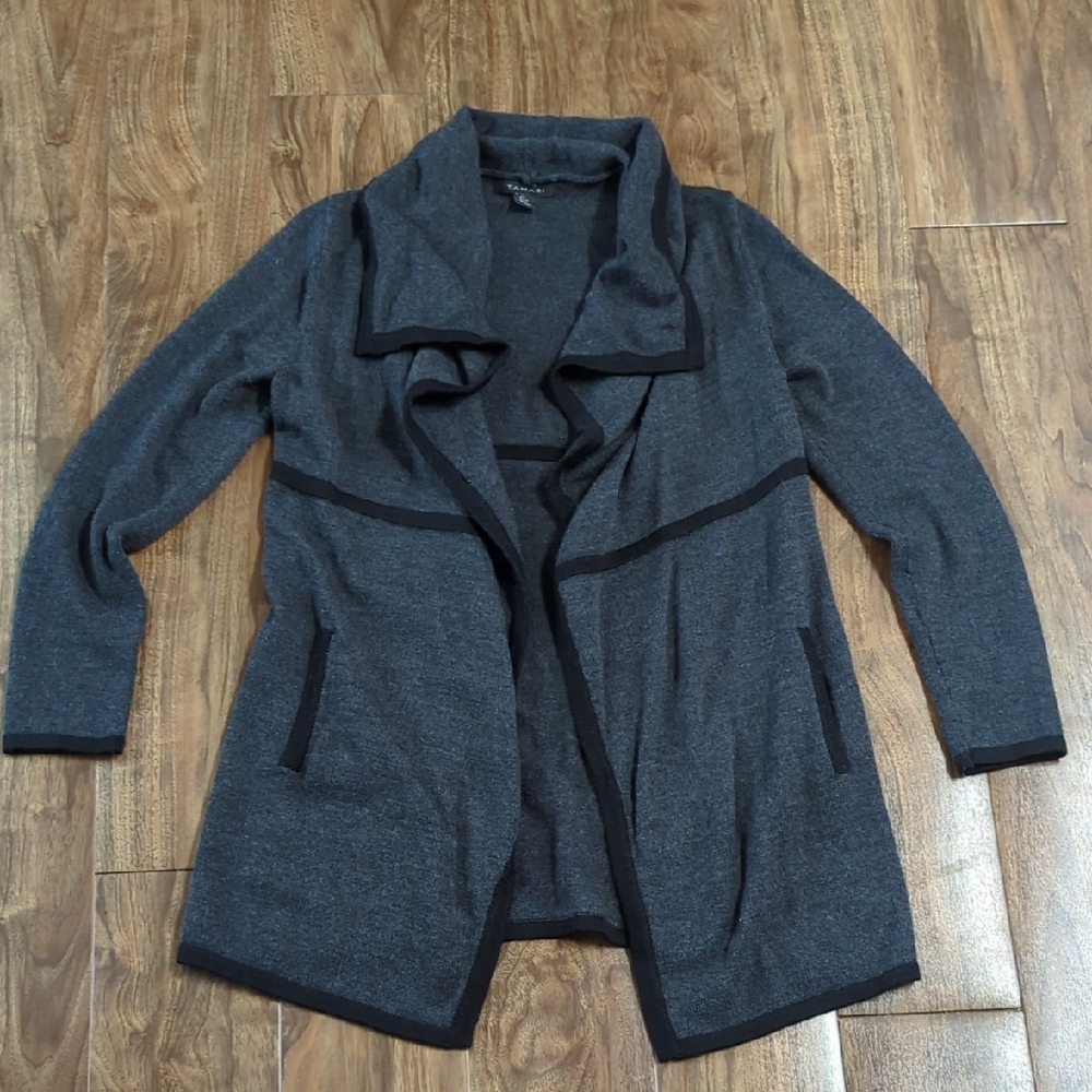 Tahari Wool Blend Charcoal Open Front Cardigan